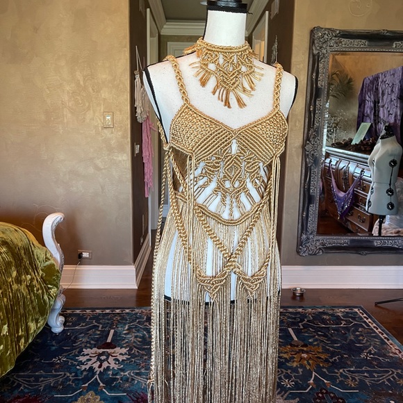 Handmade Macrame Rope Sleek Gold Dress Festival - Picture 5 of 9